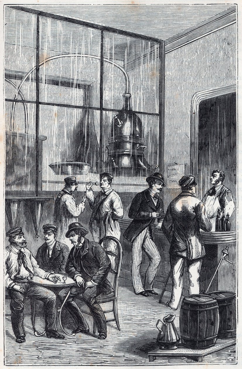 Destillatorbutik i Paris på 1800-talet - Gravyr i "Vetenskapen gjort tillgängliga för alla - fysik och kemi" av Alexis Clerc - Slutet av 1800-talet - Privat samling av French School