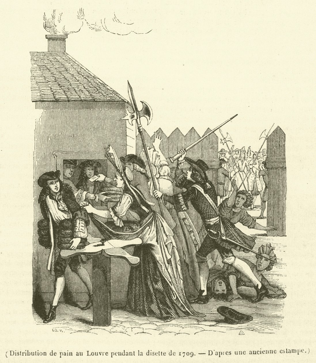Utdelning av bröd i Louvren under livsmedelsbristen 1709 (gravyr) av French School