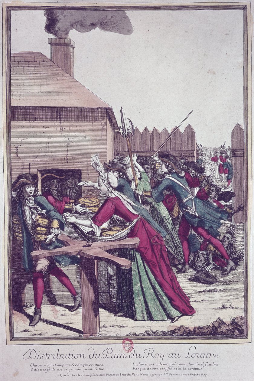 Distribution av Pain du Roi (Kungsbröd) vid Louvren under en tid av hungersnöd (färggravyr) av French School