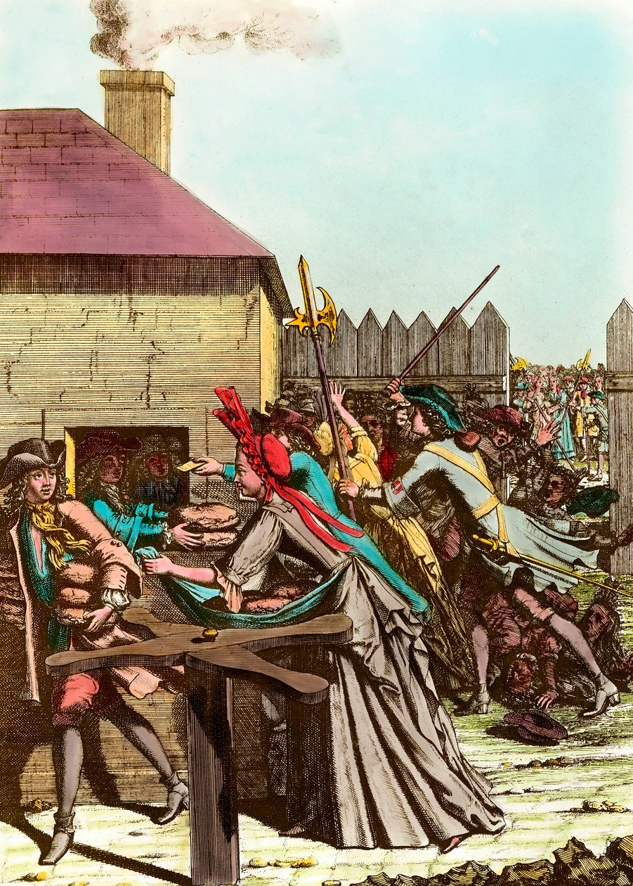 Utdelning av kungens bröd i Louvren 1709 efter den stora vintern, vilket fick priset på spannmål att stiga och stora svält. Gravyr från slutet av 1700-talet. Privat samling av French School