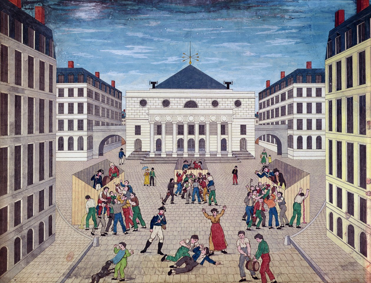 Distribution av vin på Place de lOdeon i Paris, ca 1805-10 (wc på papper) av French School