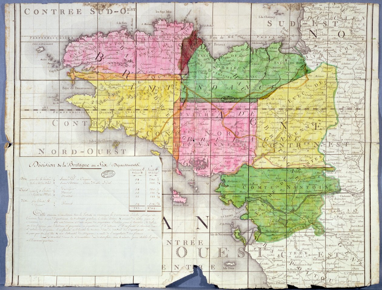 Indelning av Bretagne i sex departement, ca 1789-90 (färg litho) av French School