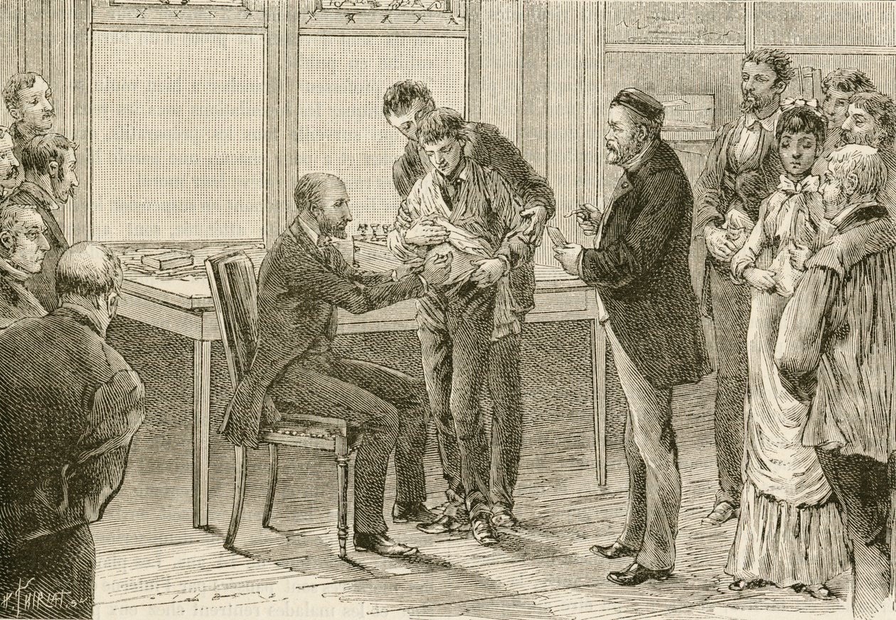Doktor Pasteur undersöker pojke infekterad med rabies. 1800-talet (gravyr) av French School