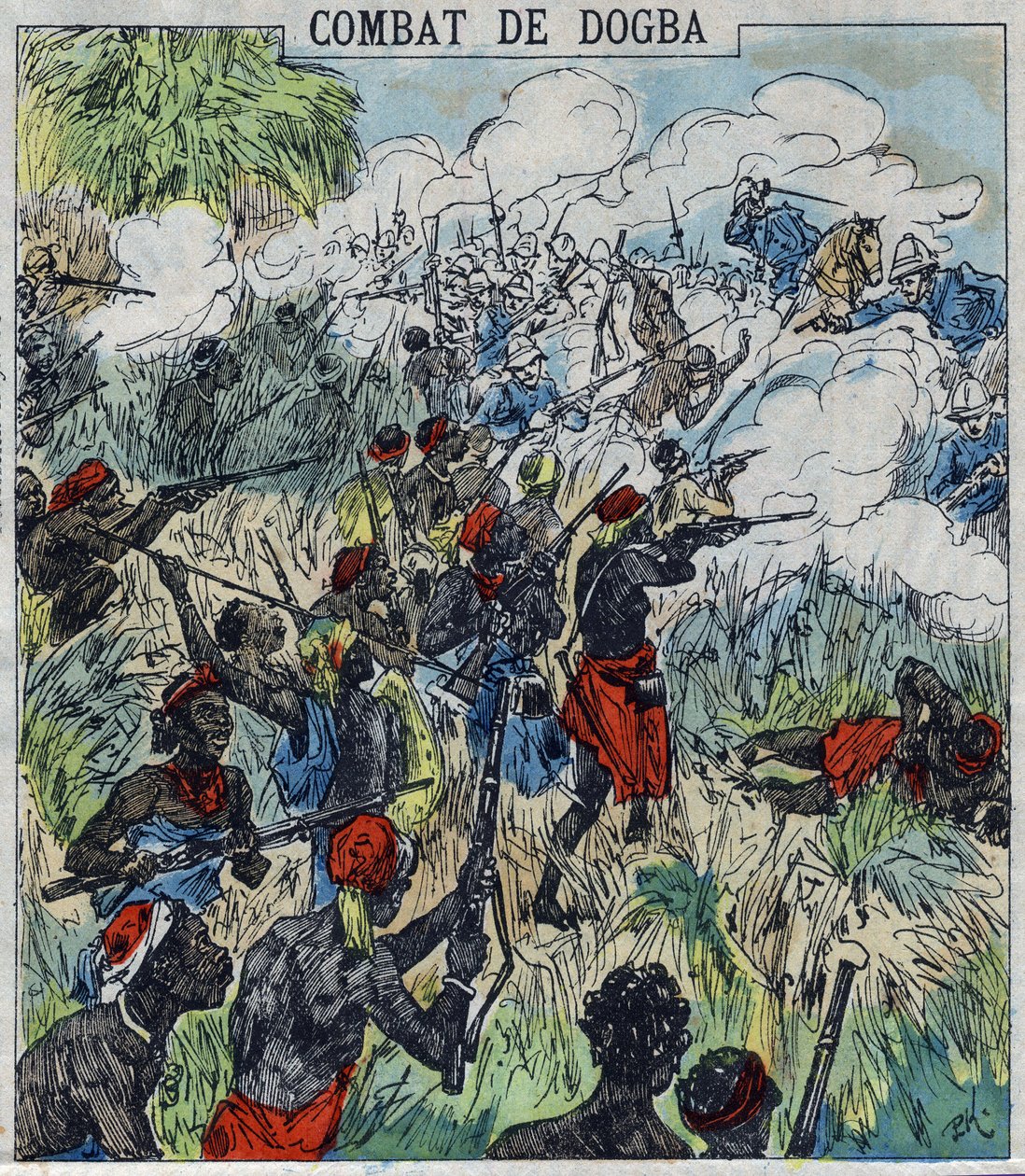 Dogba-strid mellan general Dodds expeditionsstyrka och Behanzins trupper. Dahomey av French School