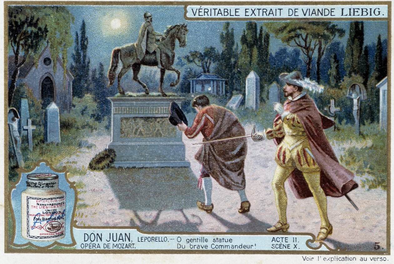 Don Juan: Akt II, Scene X, Don Juan på kyrkogården och statyn av befälhavaren - chromo Liebig av French School