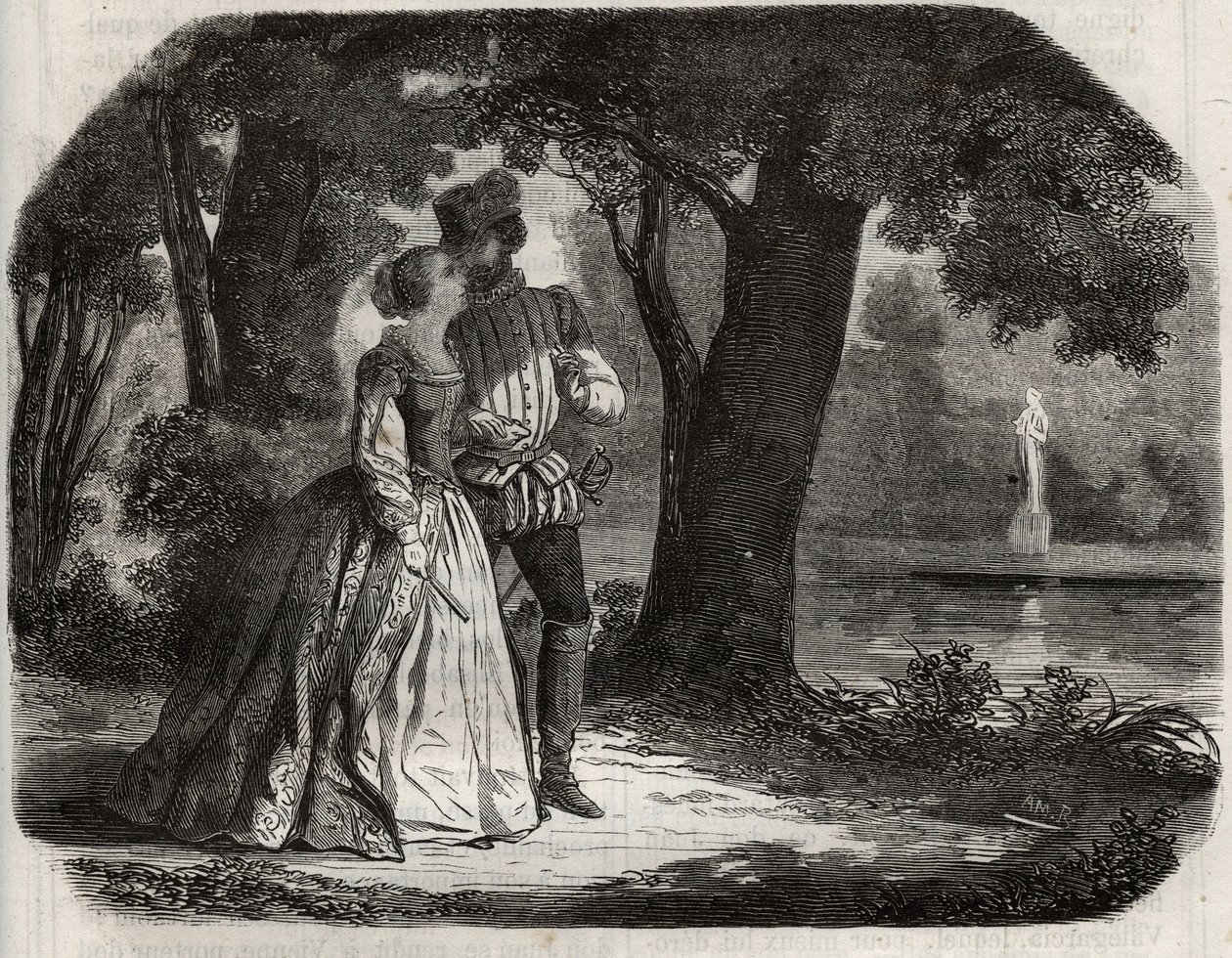 Don Juan diskuterade med Anne av Österrike (1549-1580) hans eventuella förening med prins Don Carlos (1545-1568), son till kung Filip II av Spanien (1527-1598). Gravyr från 1871 i "Histoire Des Cocus Celebres"" av Henry de Kock (1819-1892). av French School