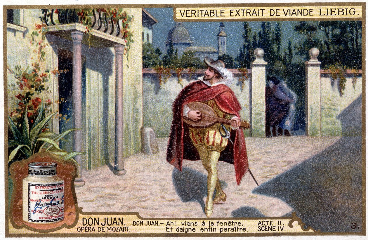 Don Juan i Trubadur: Akt II sc. IV av Mozart-operan "" Don Giovanni""" Liebig Chromolithography, v.1900 av French School