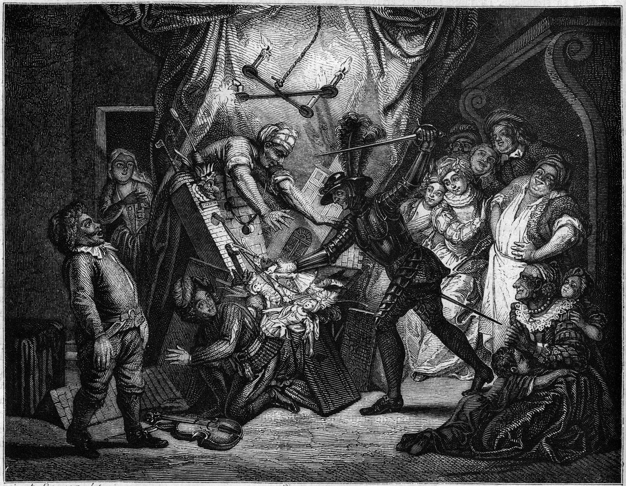 Don Quijote slåss mot dockorna som han tror är morer. Gravyr av V. Beauce efter målningen av Charles Antoine Coypel (1694 - 1752) som illustrerar romanen av Cervantes (1547-1616). I "" Le Magasin pittoreska"" av French School