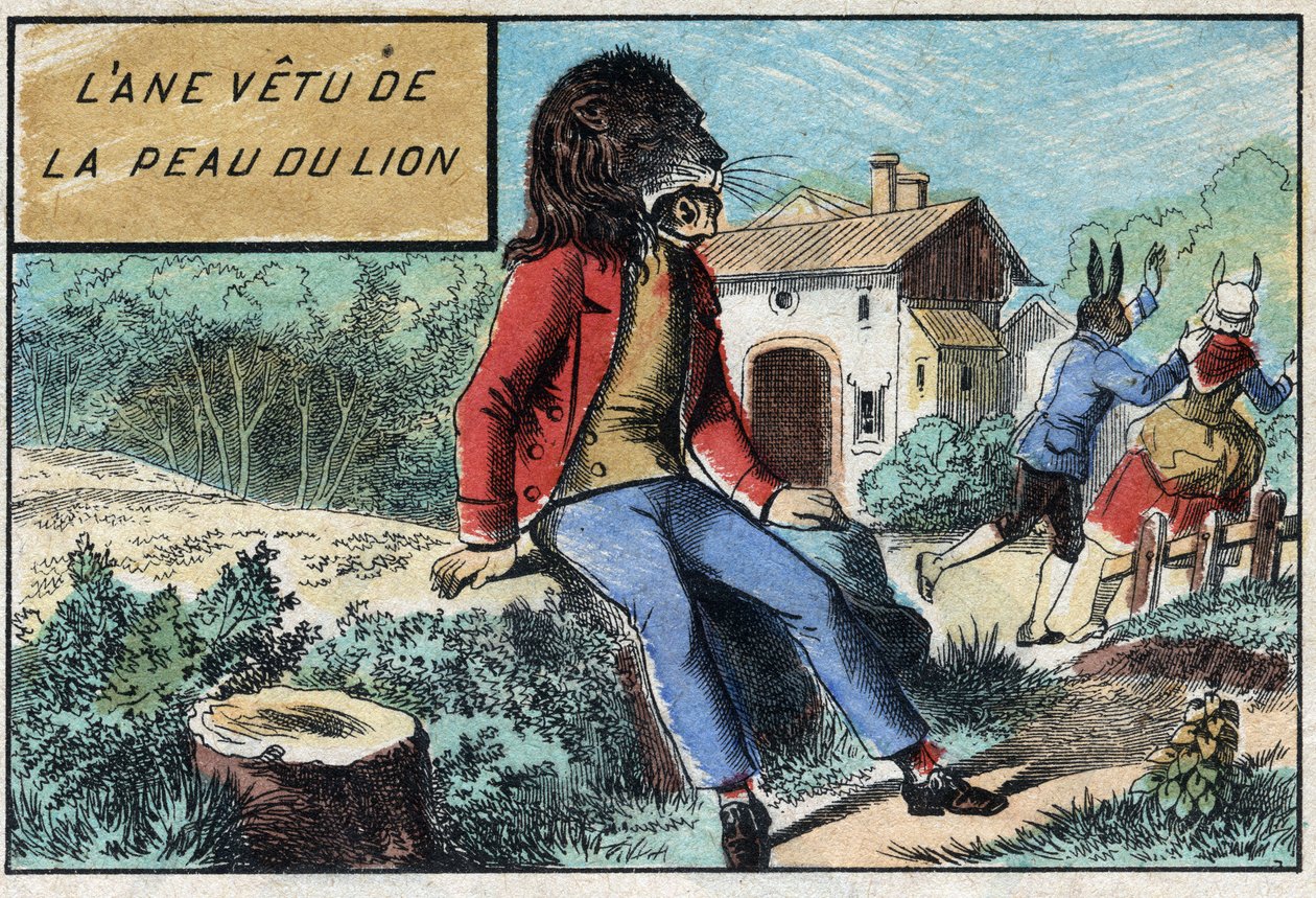 Åsnan som bär lejonets hud. Fabler av Jean de La Fontaine (1621-95). Avbildning av Epinal från slutet av 1800-talet. av French School