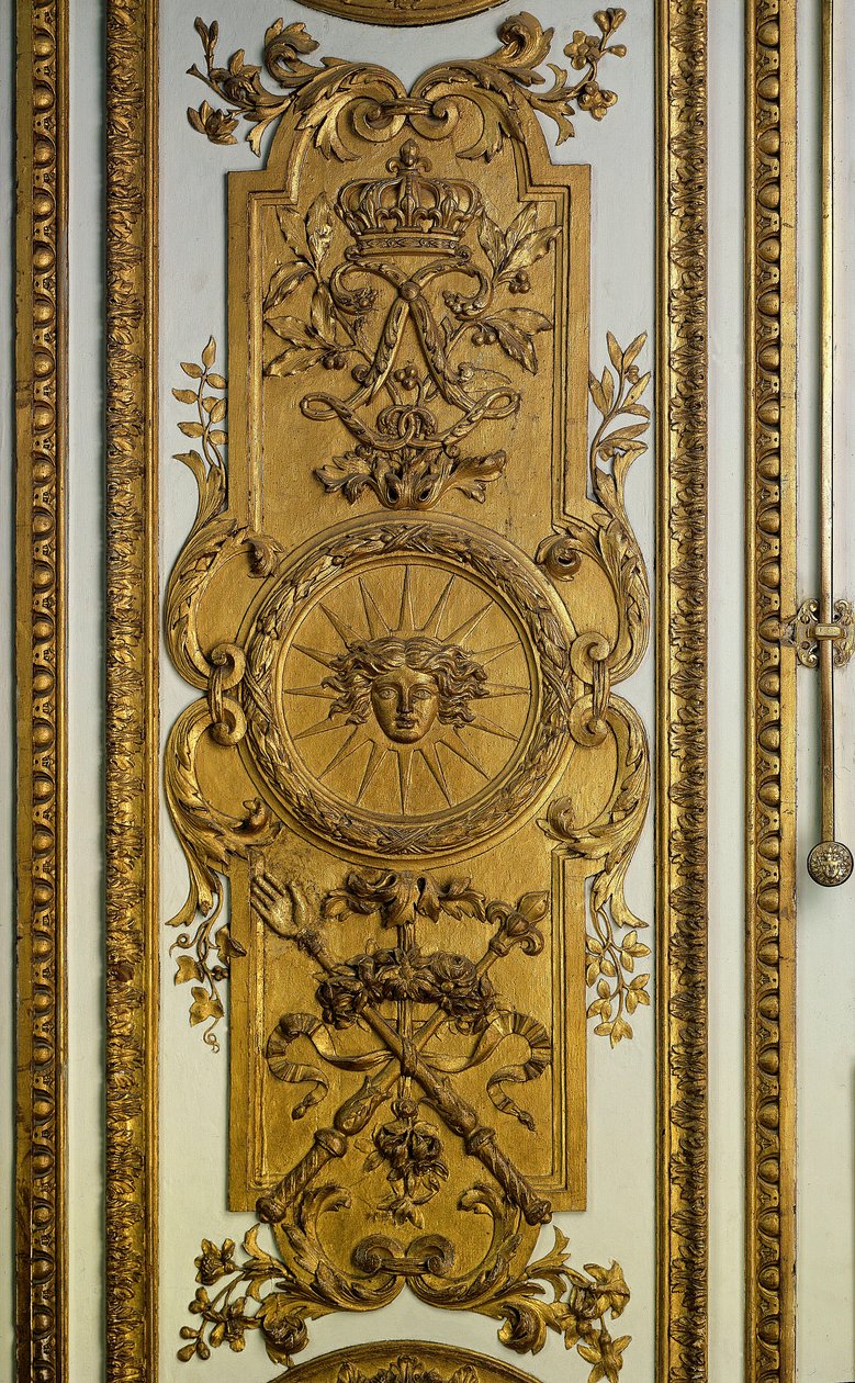 Dörrved av Venussalongen med sol och spira. Versailles från 1600-talet. Slottsmuseet av French School