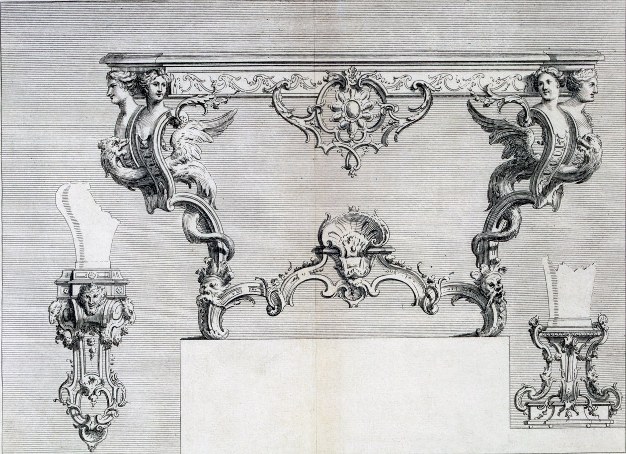 Dubbelgrenad ljusstake med rokoko och klassiska inslag, från en mönsterbok med neoklassiska metalldesigner sammansatta av Duhamel, ca 1770-80-talet av French School