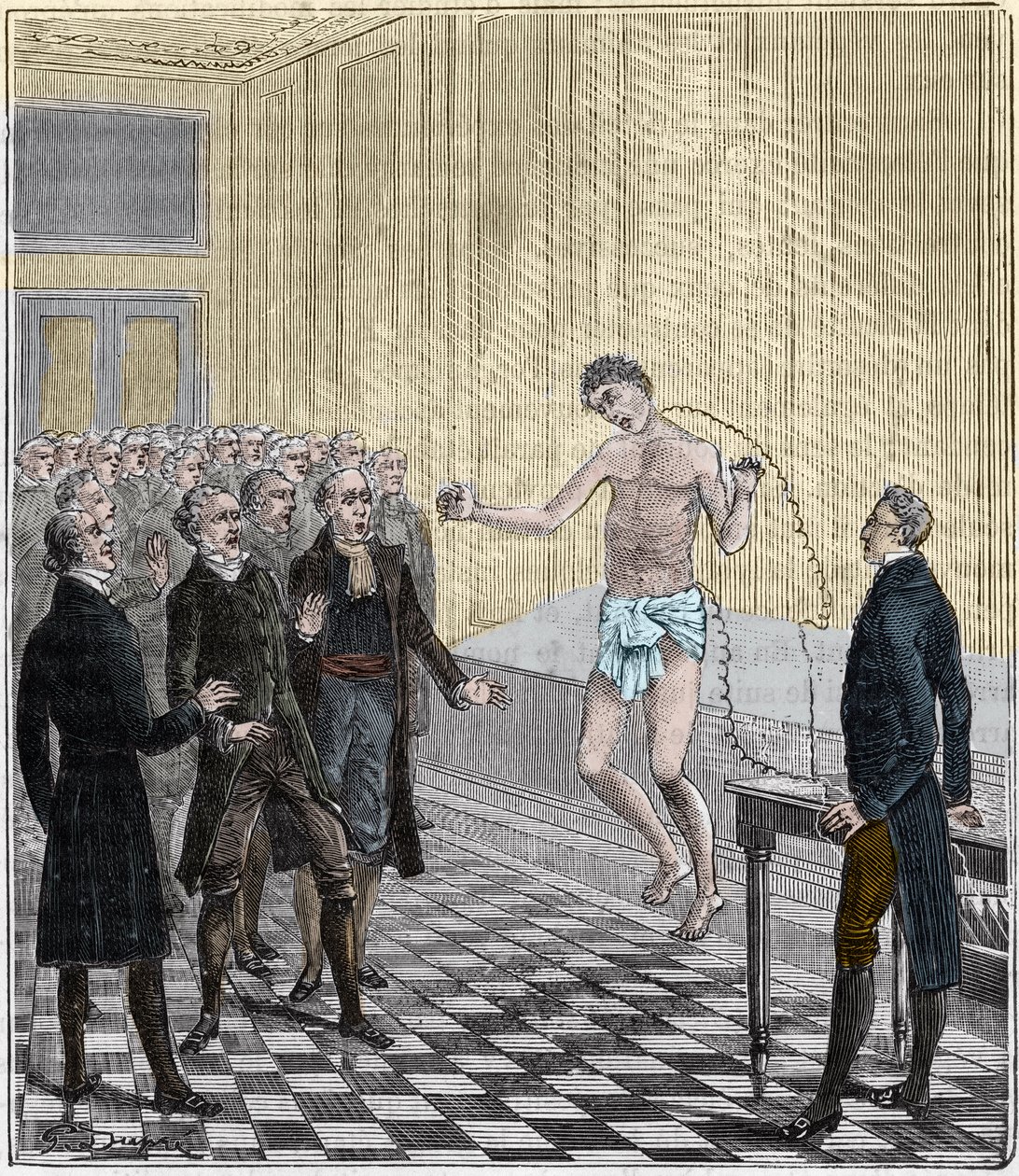 Dr Andrew Ure genomförde voltaiska experiment på kroppen av den avrättade mördaren, Clydesdale, 1818 - Erfarenhet av Andrew Ure (1778-1857) på ett lik - Gravyr i "" Vetenskaper ställda för allas dörr - fysik och kemi"" av Alexis Clerc - Slutet 19:e av French School