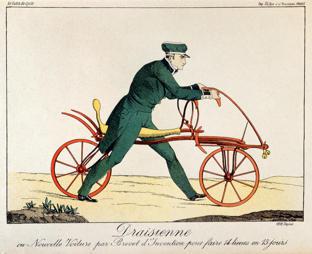 Draisienne, förfader till cykeln, 1820 (färggravyr) av French School