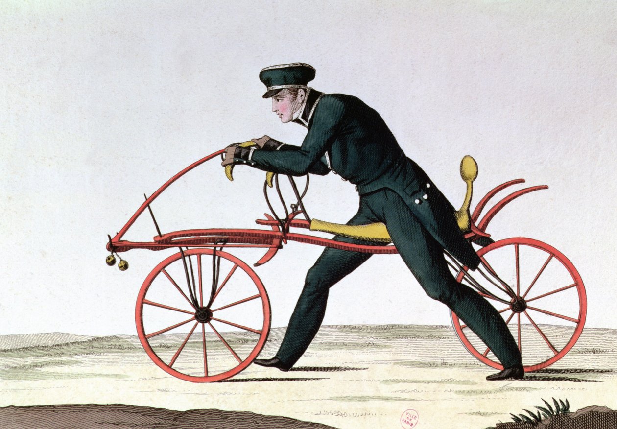 Draisienne, förfader till cykeln, uppfann 1816 av baron Karl von Drais (1785-1851), 1820 (färgstick) av French School