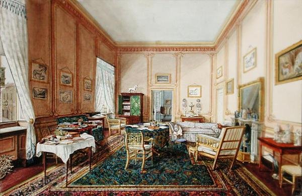 Salongen (akvarell på papper) av French School