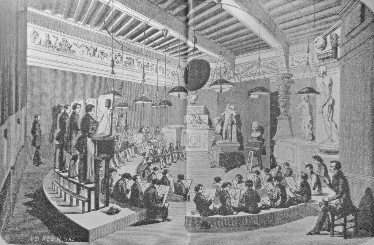 Teckningsläxa från skulptur, Royal Free School of Art (litho) av French School