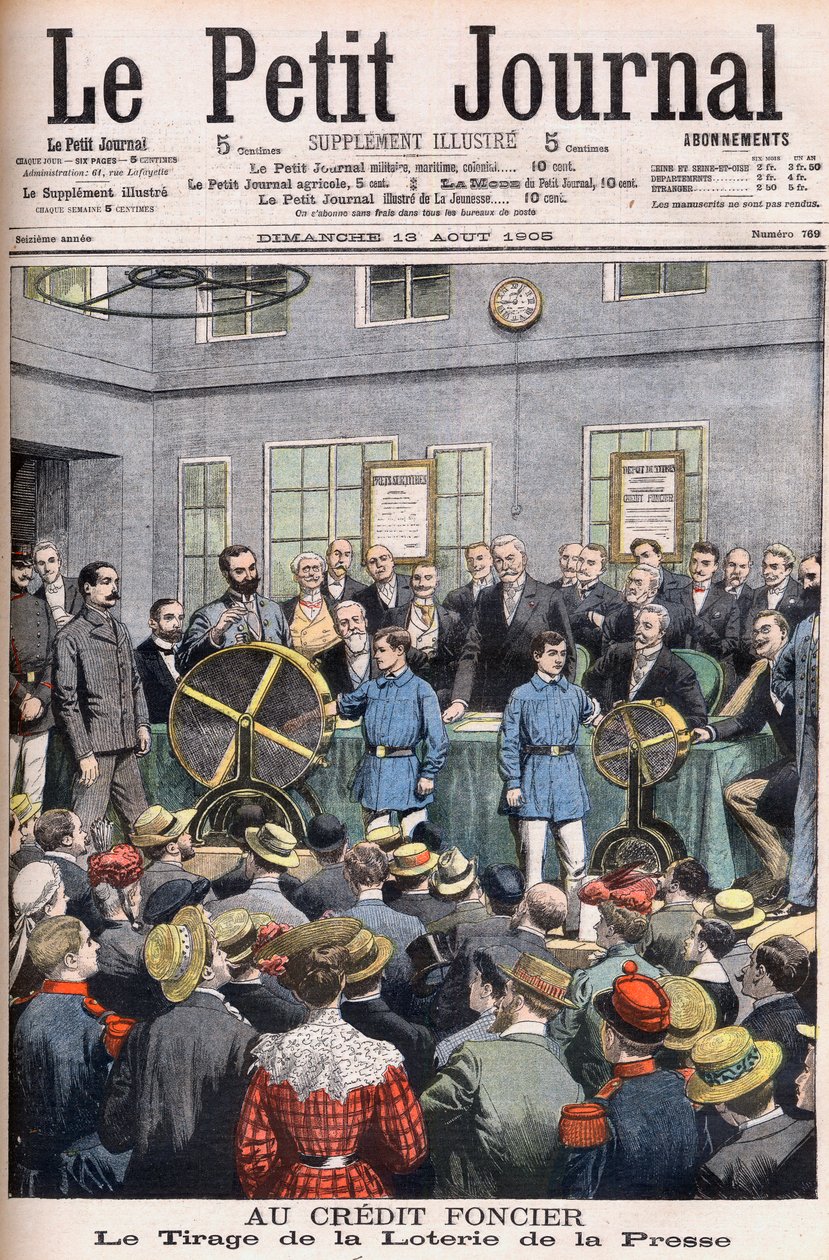 Dragning av presslotteriet på Credit Fonciers kontor från Frankrike till Paris. Markkredit. Dragningen av presslotteriet. Illustration för Le petit Journal av French School