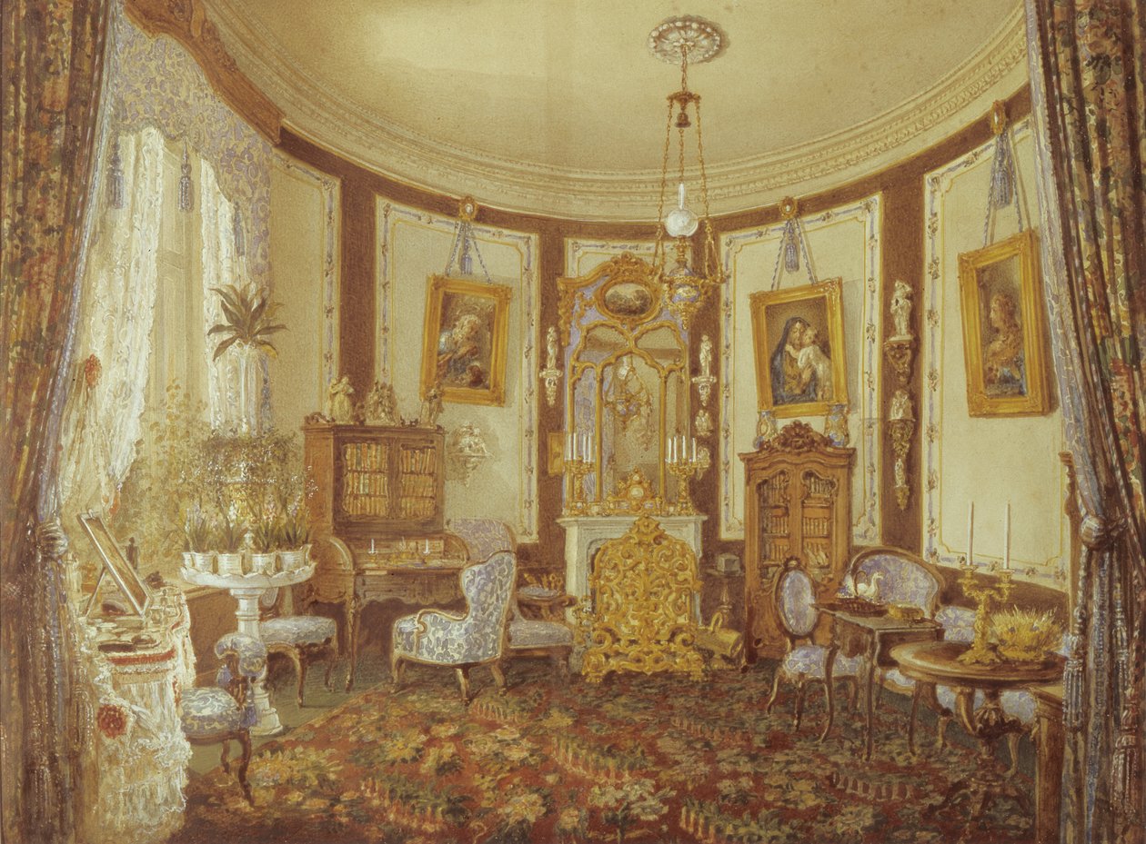 Salongen i Chateau de Sache (wc på papper) av French School