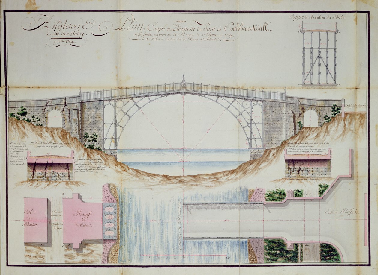 Ritningar och tvärsnitt av Iron Bridge byggd 1779 i Coalbrookdale, Shropshire, England, 1784 (penna, bläck och wc på papper) av French School