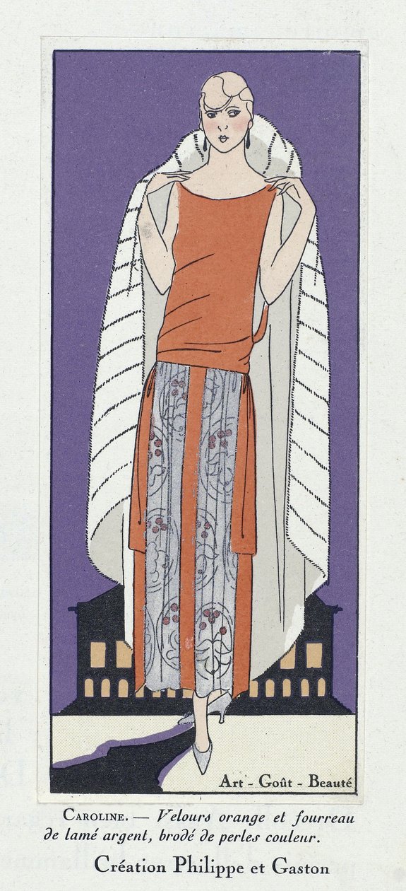 Klänningsmönster "Caroline", från Art-Gout-Beaute, pub. 1920-talet (färglitografi) av French School
