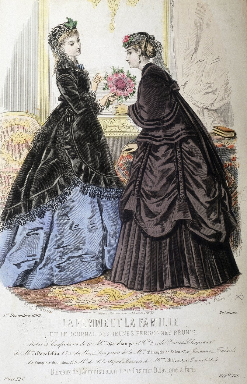 Klänningar och frisyr - i "Kvinnan och familjen och de ungas tidning återförenade""" av 1868-12-01. av French School