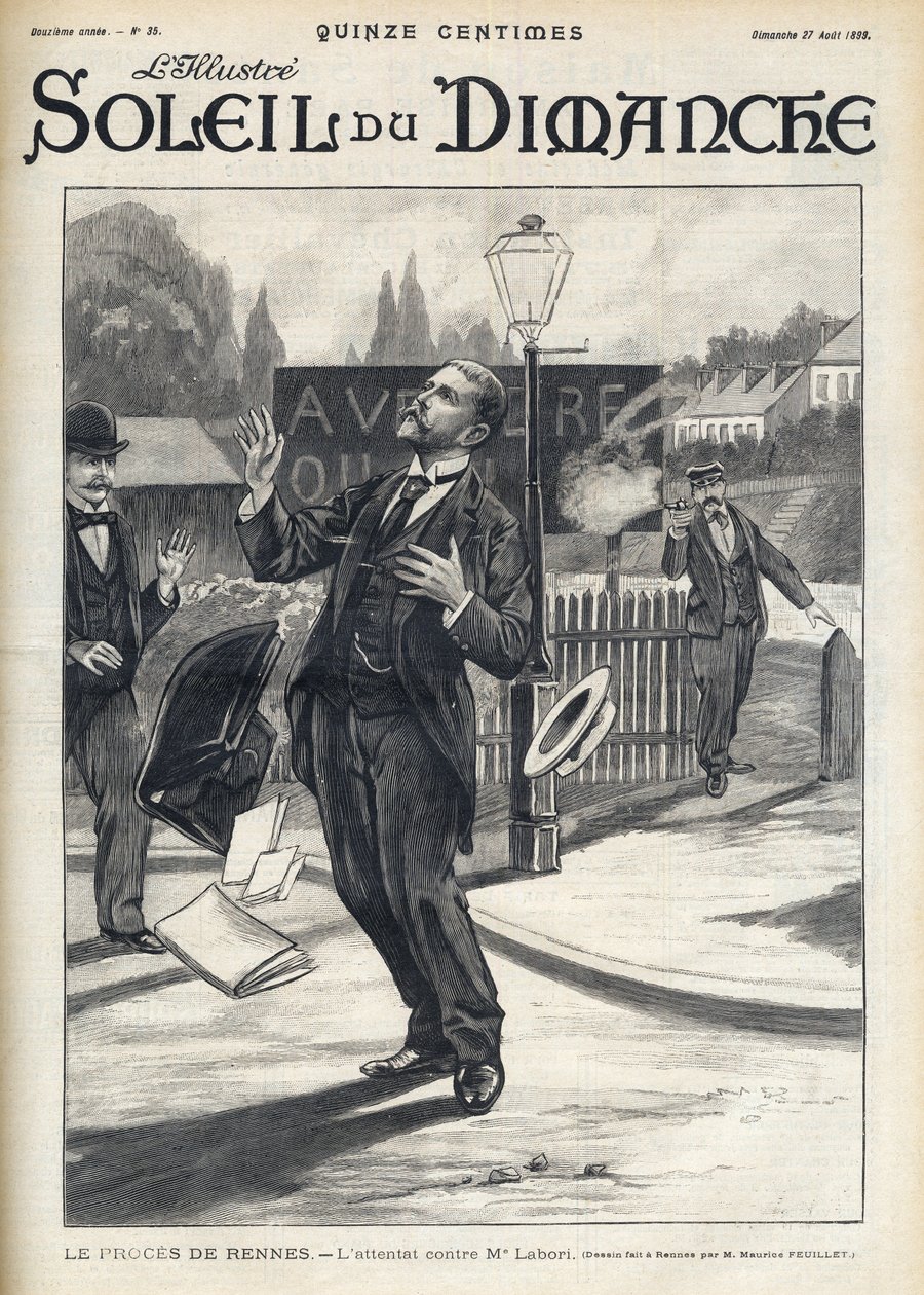 Dreyfus-affären - Mordförsök på Maitre Labori under Rennesrättegången - Attack mot Fernand Labori (1860-1917), en försvarsadvokat till Alfred Dreyfus (1859-1935), slog med en kula i ryggen i Rennes när han var på sin vägen till platsen där av French School