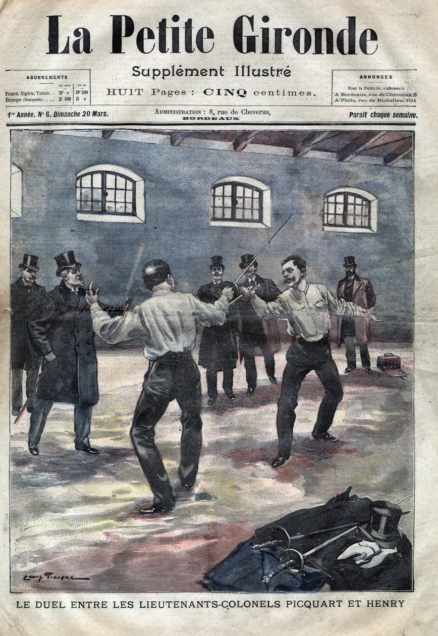 Dreyfusaffären: duellen mellan överstelöjtnant Georges Picquart (1854-1914) och Hubert Henry (1846-1898) på militärskolan i Paris. Omslag till ”La petite Gironde” från mars 1898 (gravyr) av French School