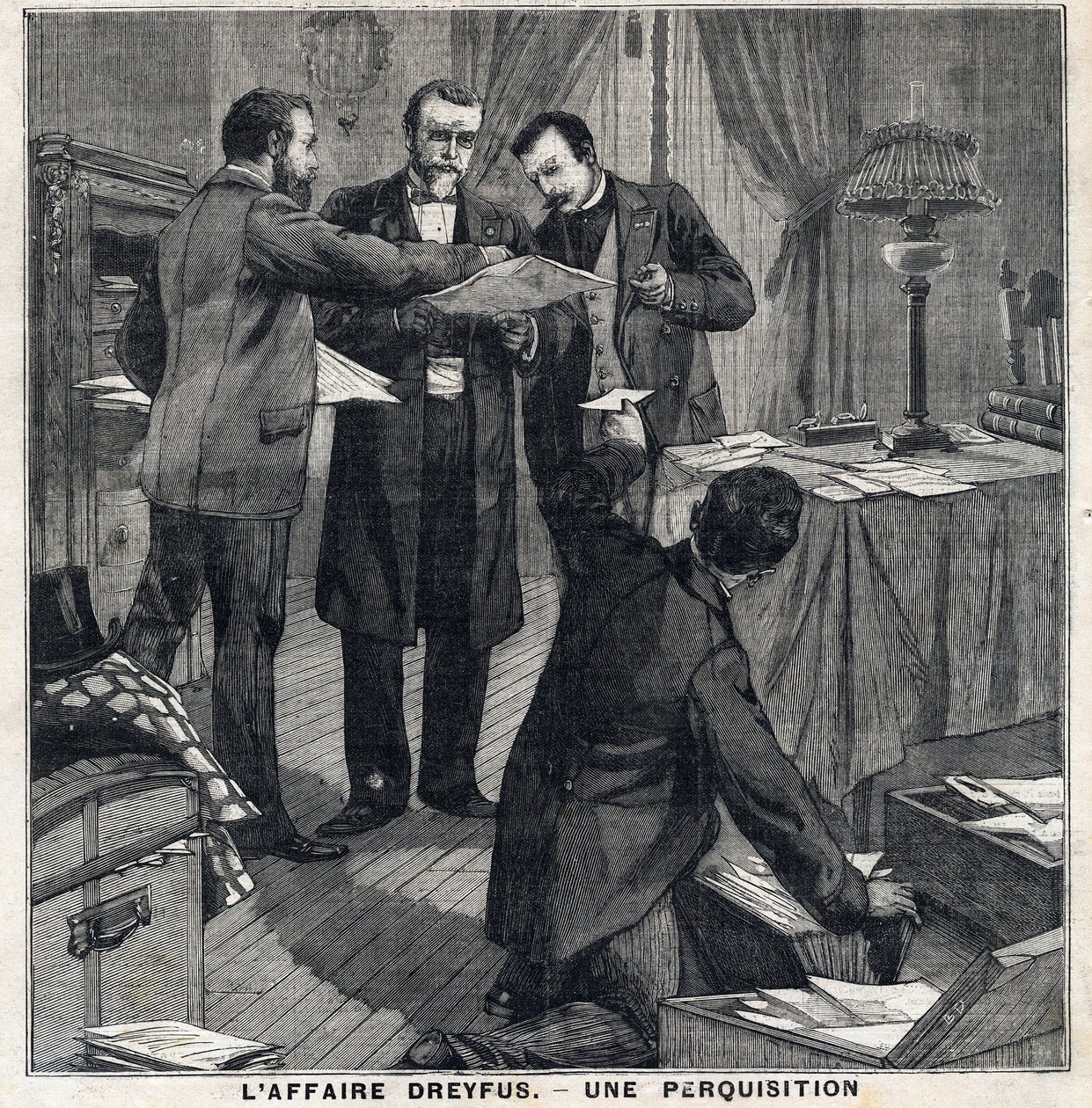 Fallet Dreyfus: Tre civilklädda tjänstemän och en poliskommissarie genomför en husrannsakan i Georges Picquarts hem (1854-1914). I "" Le Peute Parisien"" den 5/12/1897. Privat samling av French School
