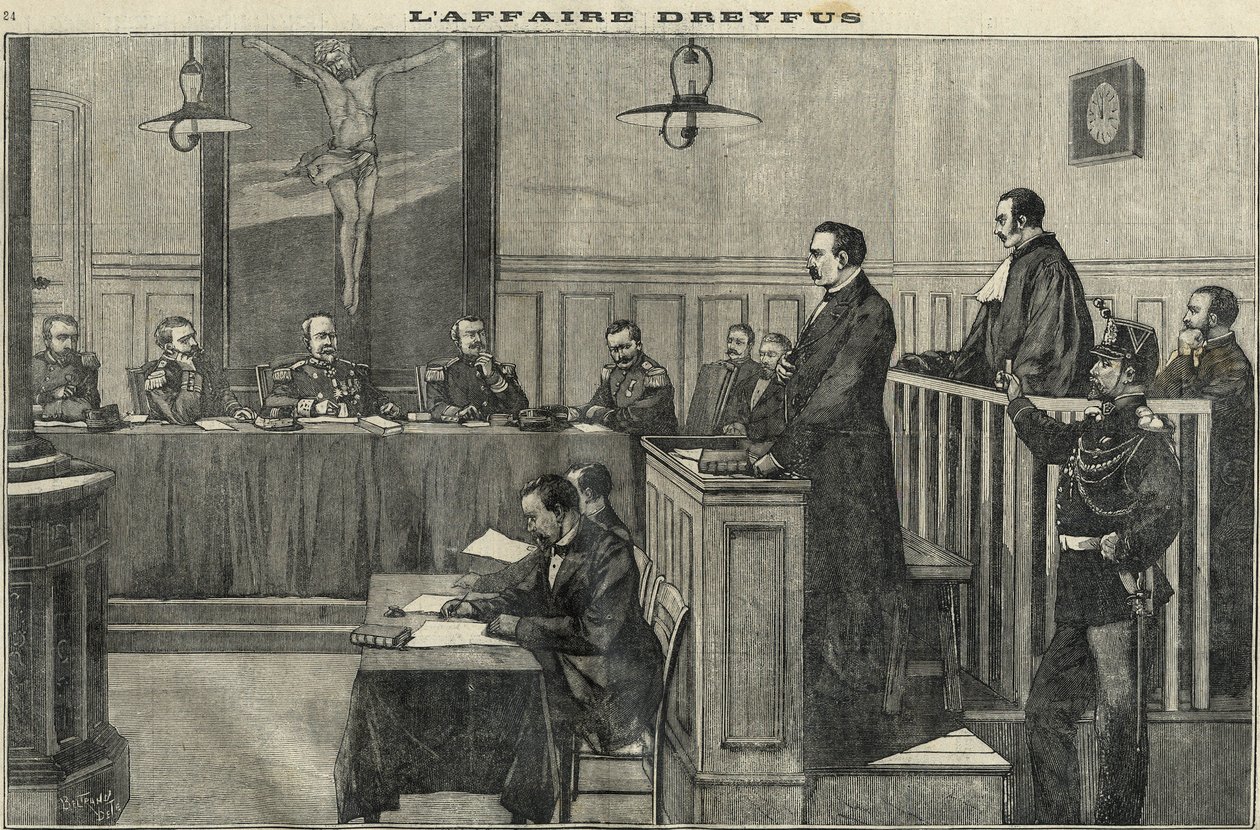 Dreyfus-fallet 1898: en utfrågning av krigsrådet: rättegången mot kommendör Esterhazy. Gravyr i ”Le petit parisien” från 1898. av French School