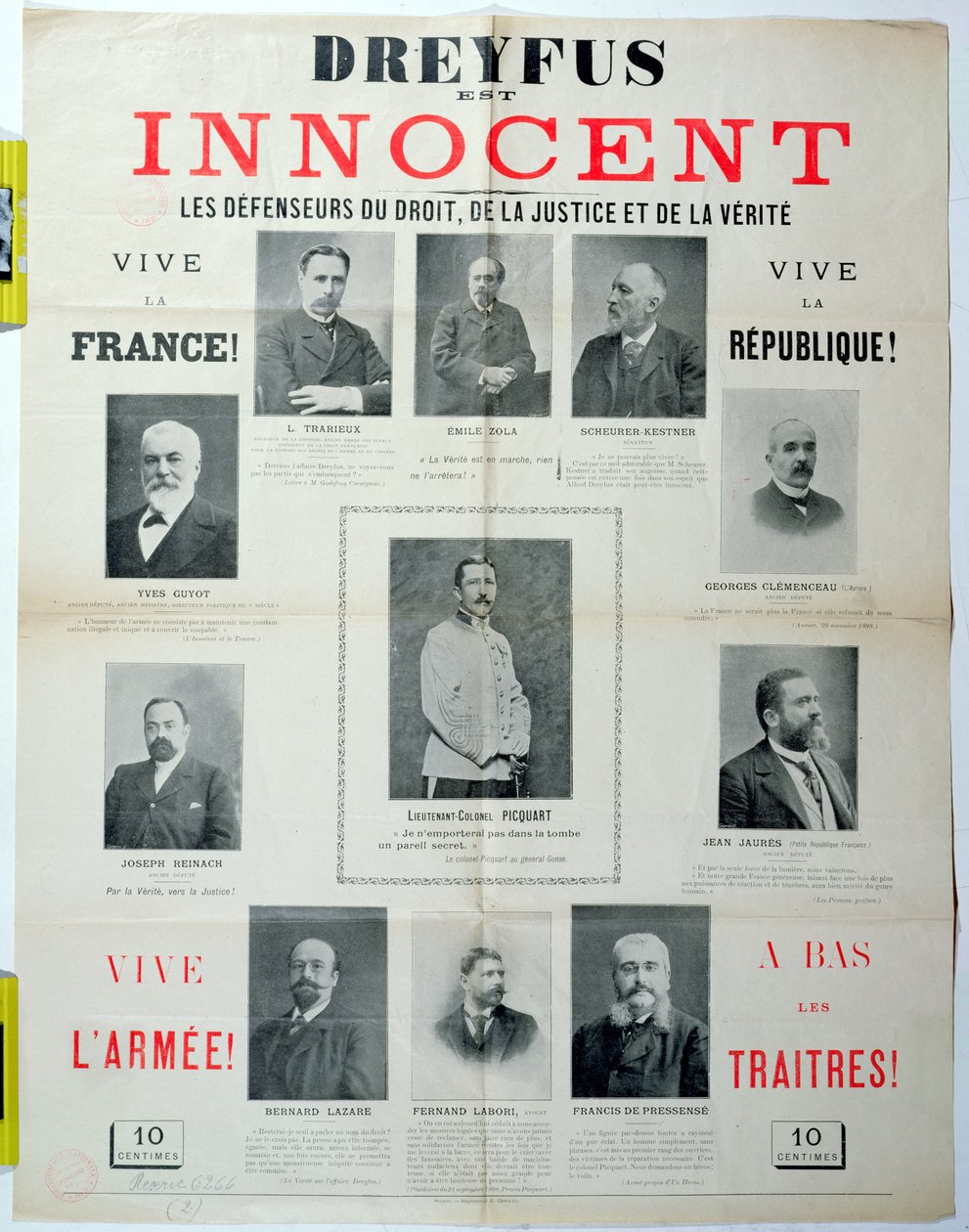 Dreyfus est Innocent, affisch med porträtt av hans försvarare, sent 1800-tal av French School