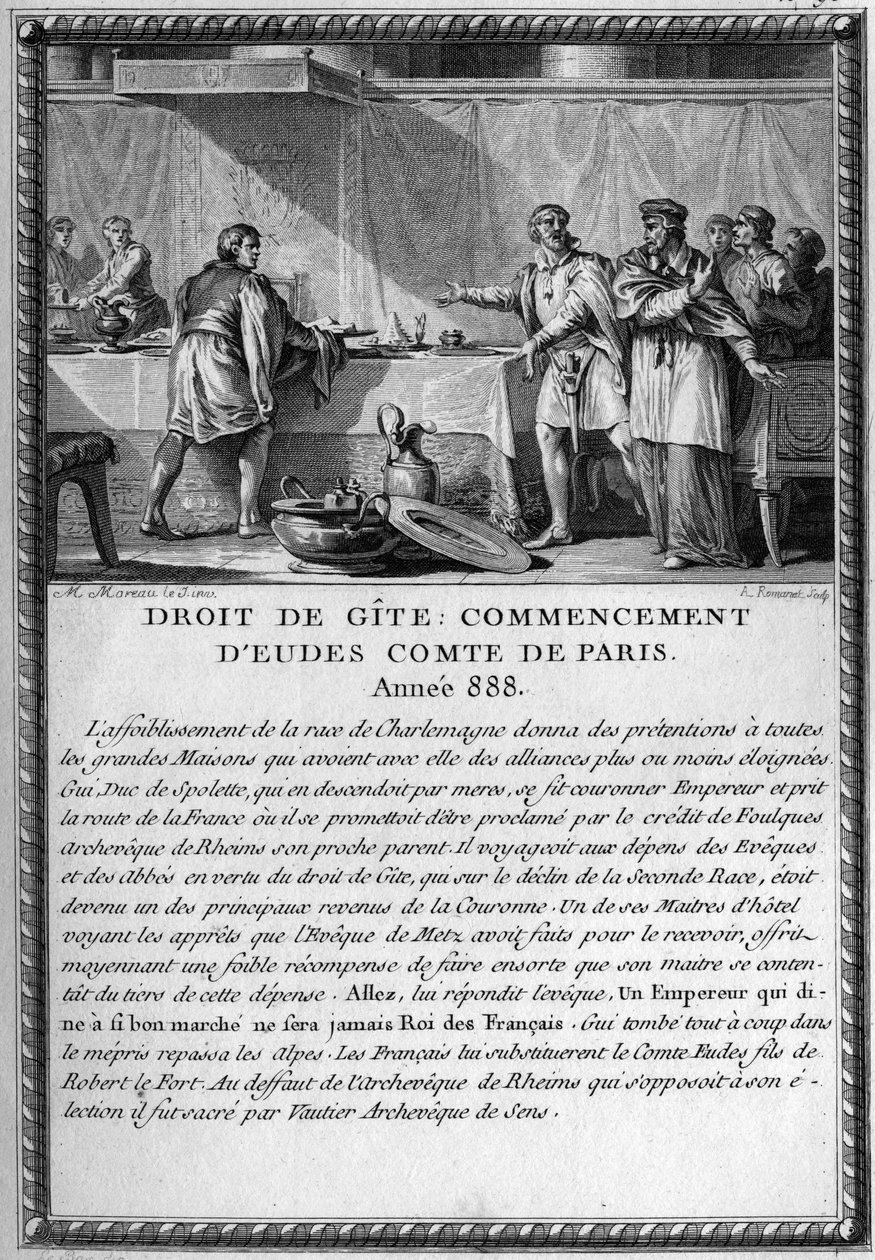 Droit de Gite, Början av Eudes, greve av Paris, år 888. Kung Guy (Gui) III, hertig av Spolete (död 894) var heberger av Eveque of Metz under rätten till en stuga (feodal rätt som ger en herre rätten att vara heberger av sitt folk när han flyttar in av French School