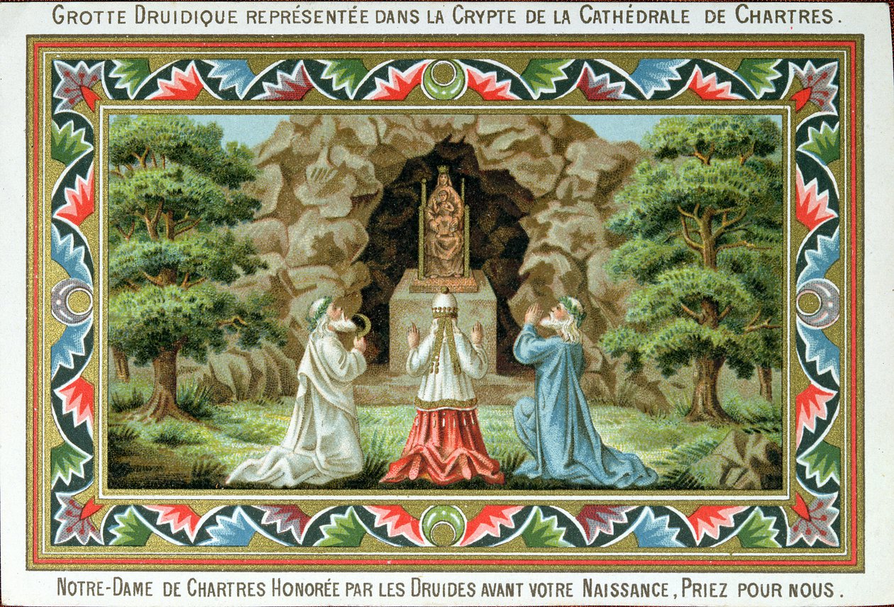 Druider ber vid en staty av Madonnan och barnet på platsen för grottan i Chartres, 1887 av French School