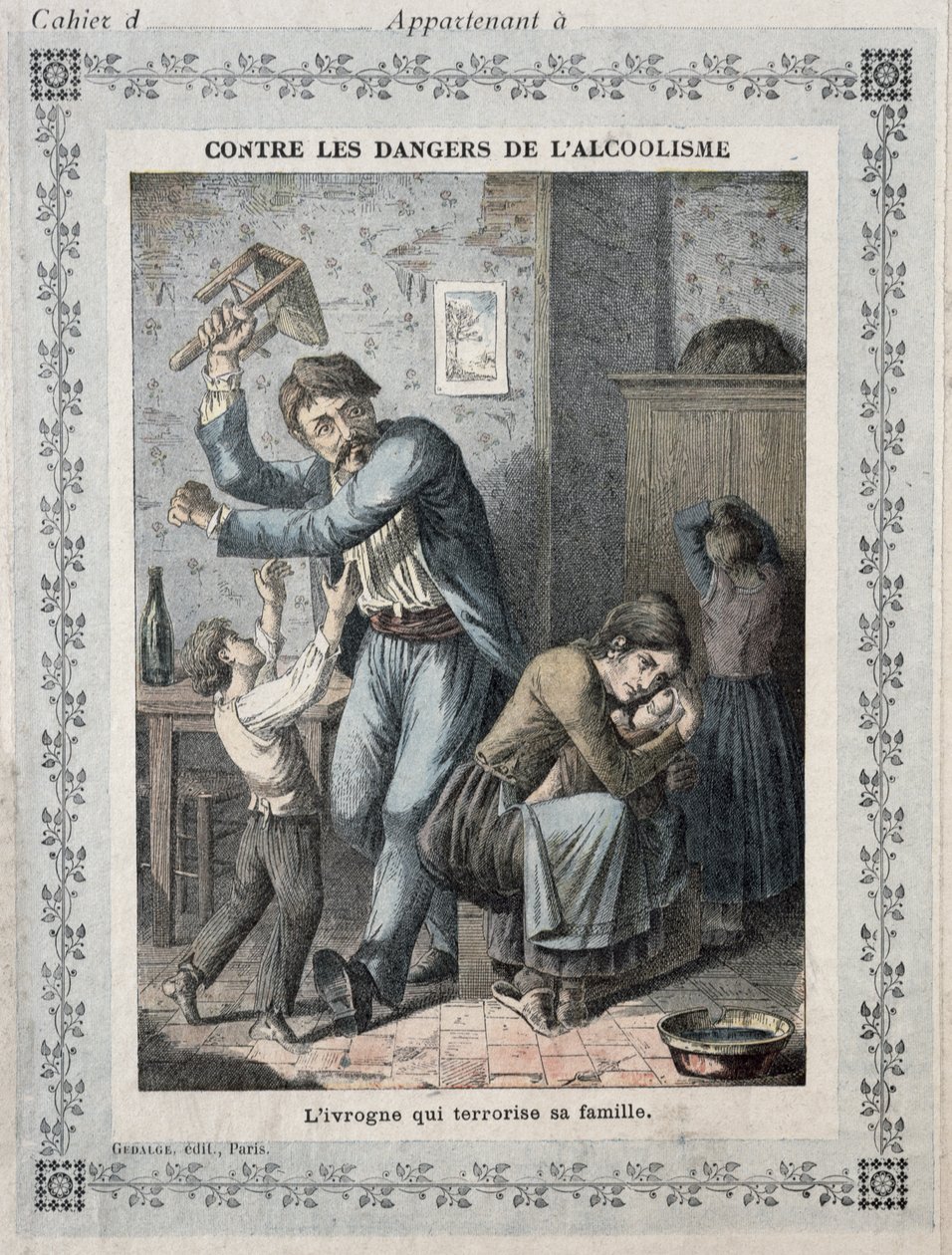 Fyllare som terroriserar sin familj, omslag till en skolskrivbok. c.1900 av French School