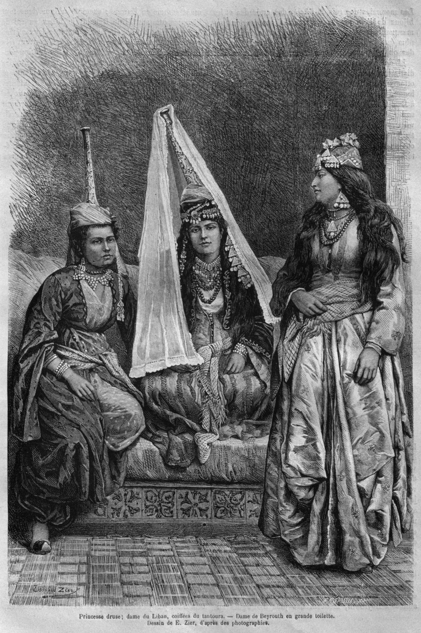 Druzisk prinsessa, från Syrien idag. Reser i Fenicien, Libanon och Judéen. 1875-1880 av Louis Charles Emile Lortet, 1884 (bw gravyr) av French School