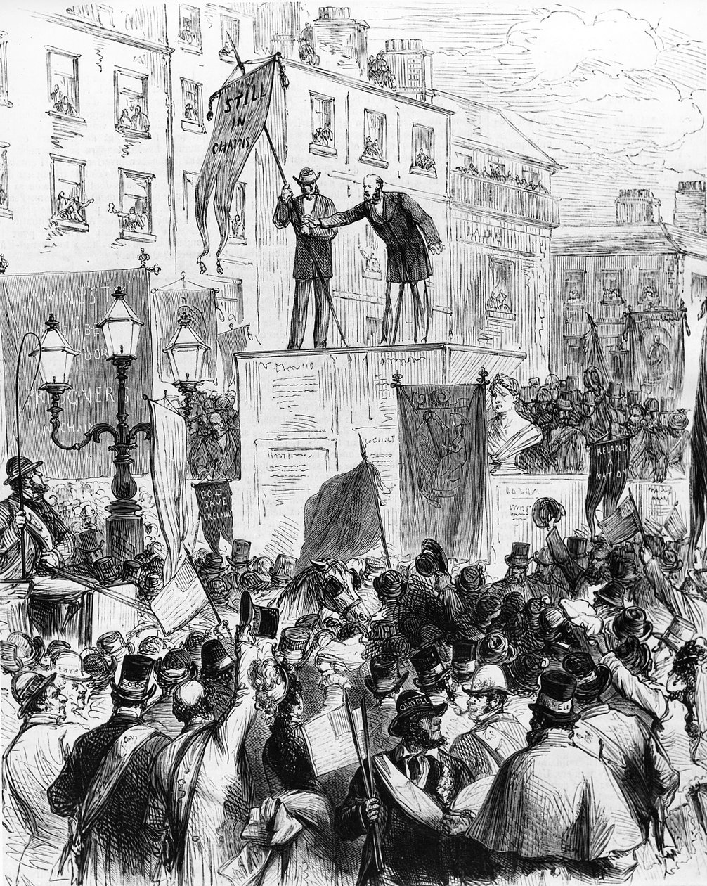 Dublin - Firande av hundraårsdagen av Daniel OConnells födelse: Mr Sullivan MP, hyllar folket på Sackville Street, från Le Monde Illustré, 1875 av French School