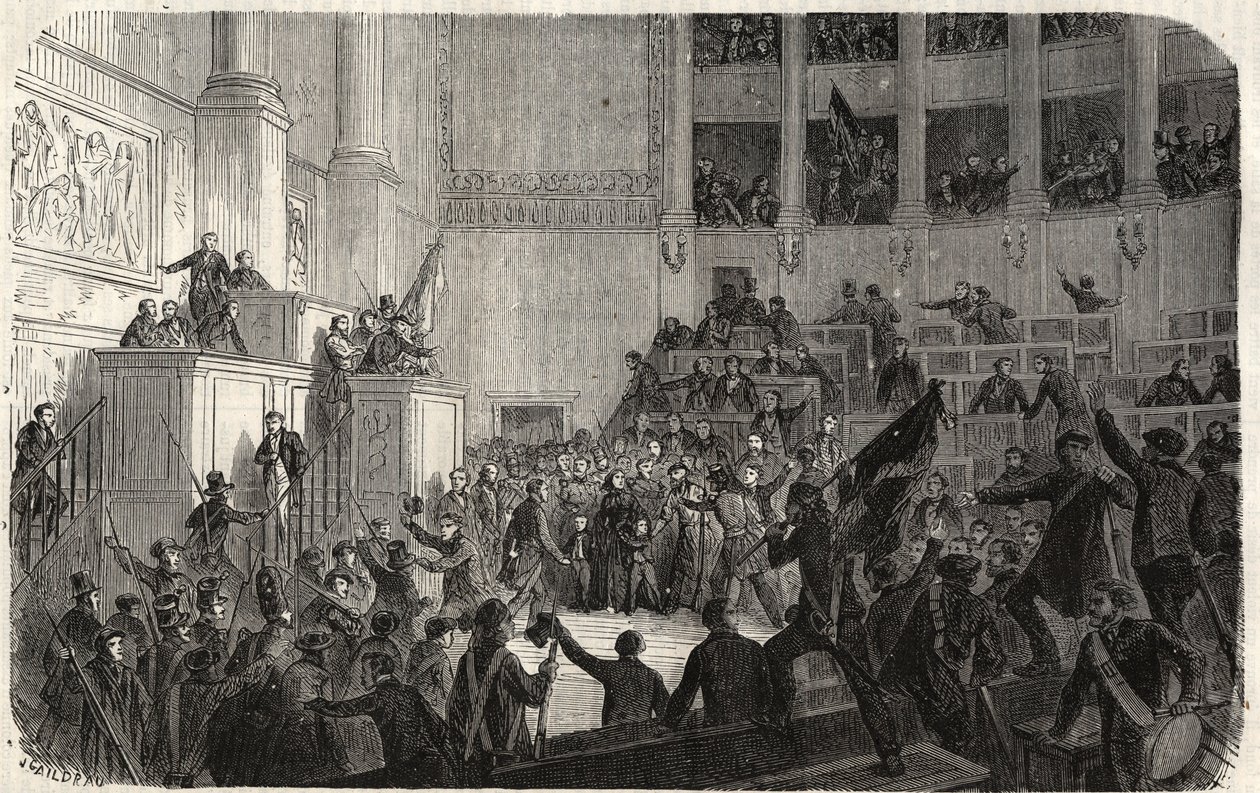 Hertiginnan av Orleans i Chambre des Deputes (1848), Paris, Frankrike - Revolutionen 1848 - Hertiginnan av Orleans i deputeradekammaren i Paris vid tiden för utropandet av Republiken" (Helene de Mecklembourg Schwerin, hertiginna av Orleans tri av French School