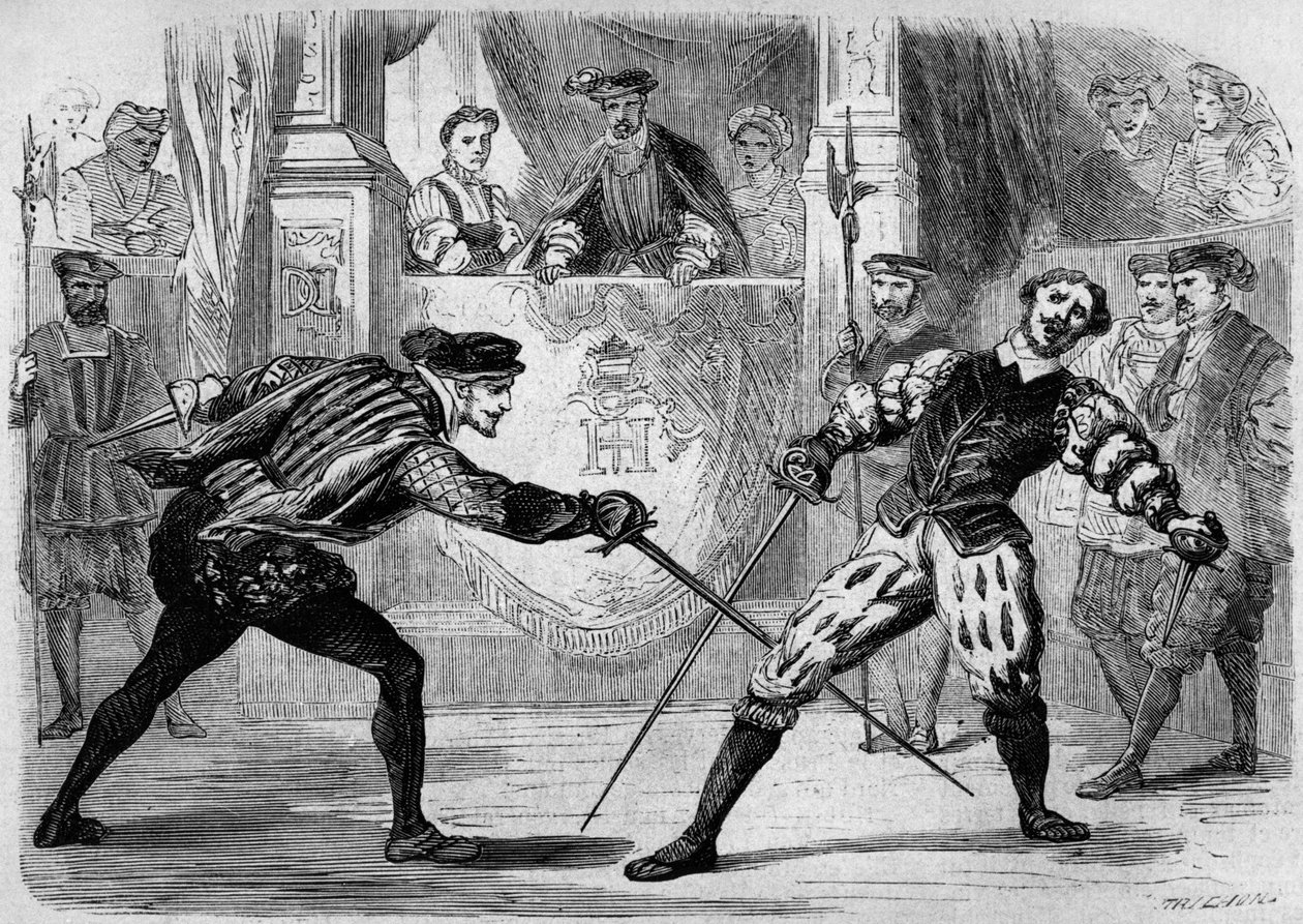Duell mellan Francois de Vivonne de la Chataigneraie och Guy de Chabot, Baron de Jarnac, Saint Germain en Laye, Frankrike 10 juli av French School