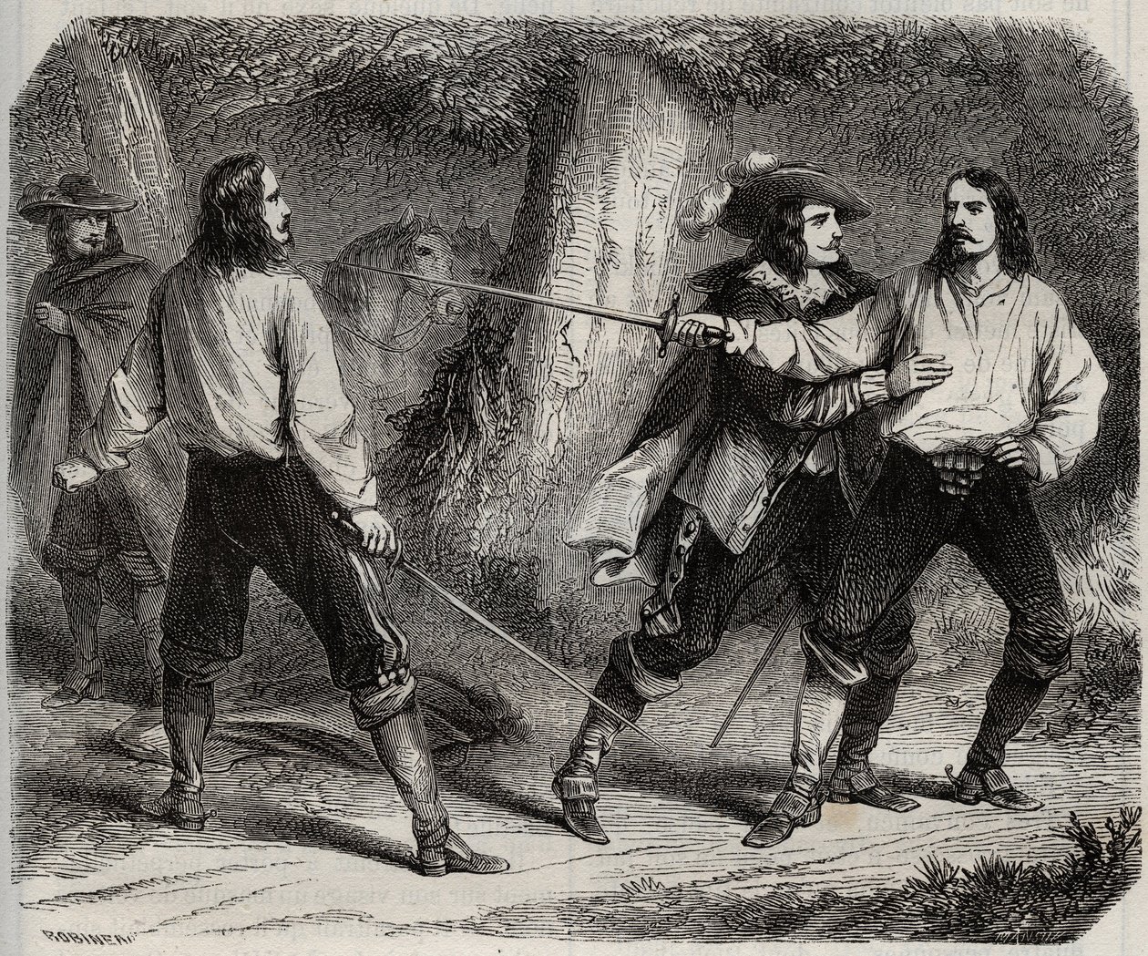 Duell har svärdet mellan viscounten av Cahuzac och markisen av Gesvres, vars drottning av Frankrike Anne av Österrike är kär, i skogen i Vincennes. 1600-talet. Gravyr från 1871 i "Histoire Des Cocuses Celebres"" av Henry de Kock (1819-1892). av French School