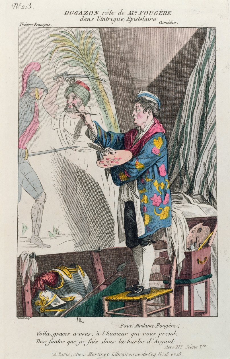 Dugazon i rollen som målaren Fougère i Intrigue Epistolaire, producerad i Paris på Théâtre Français, 1799 (färgstick) av French School