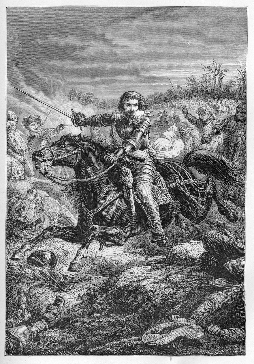 Hertig Henrik II av Montmorency (Montmorenci) (1595-1632) vid slaget vid Castelnaudary 1632 - hertig av Montmorency. Strid i Castelnaudary - gravyr från "" L