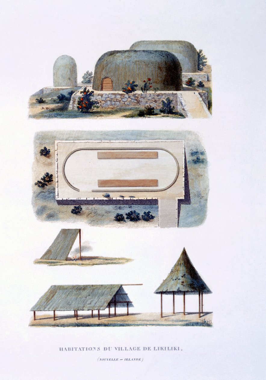 Bostäder i Likiliki Village, New Ireland, 1826 av French School