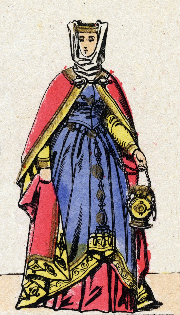 Capetians dynasti: Porträtt av Isabella av Aragonien (1247-1271), Frankrikes drottning, hustru till Filip III känd som Hardi (1245-1285). Epinal avbildning från slutet av 1800-talet. Privat samling. av French School