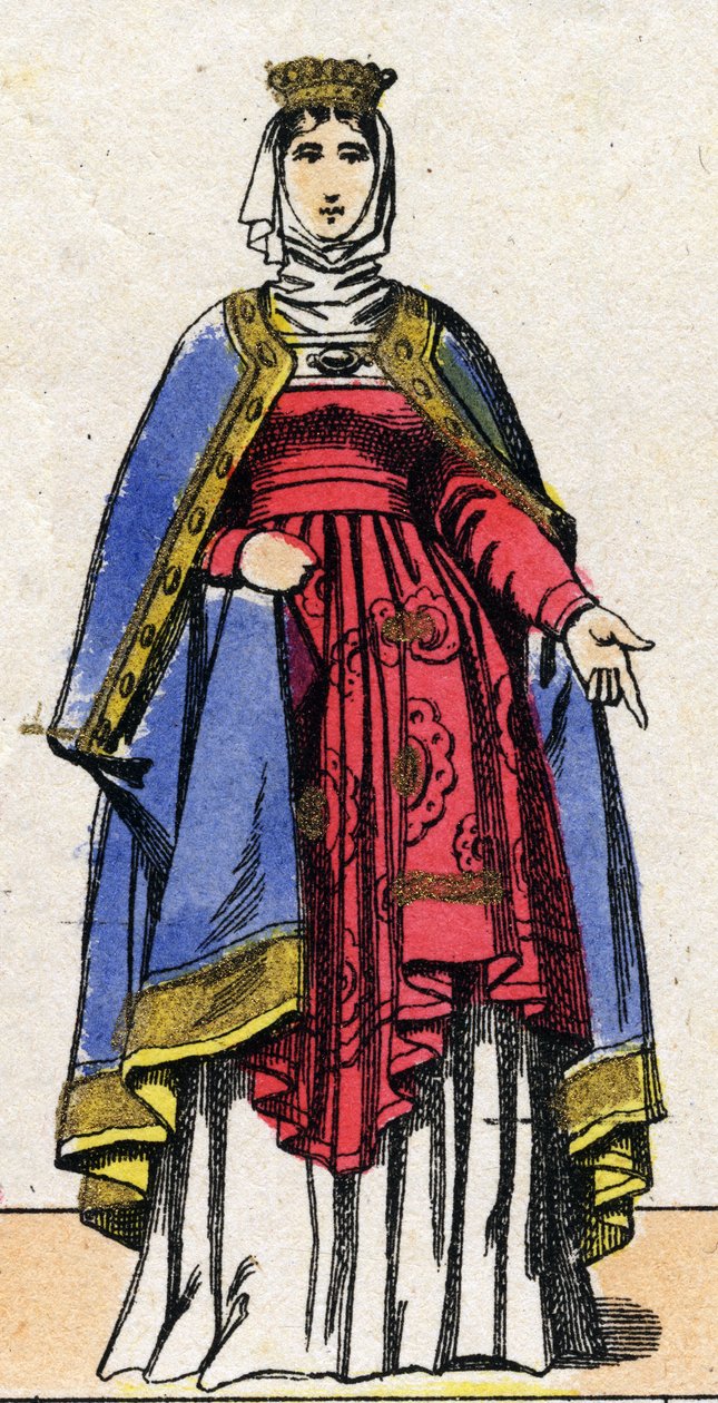 Capetians dynasti: Porträtt av Isabelle de Hainaut (1170-1190) drottning av Frankrike, hustru till Filip II känd som Philip Augustus (1165-1223). Epinal avbildning från slutet av 1800-talet. Privat samling. av French School