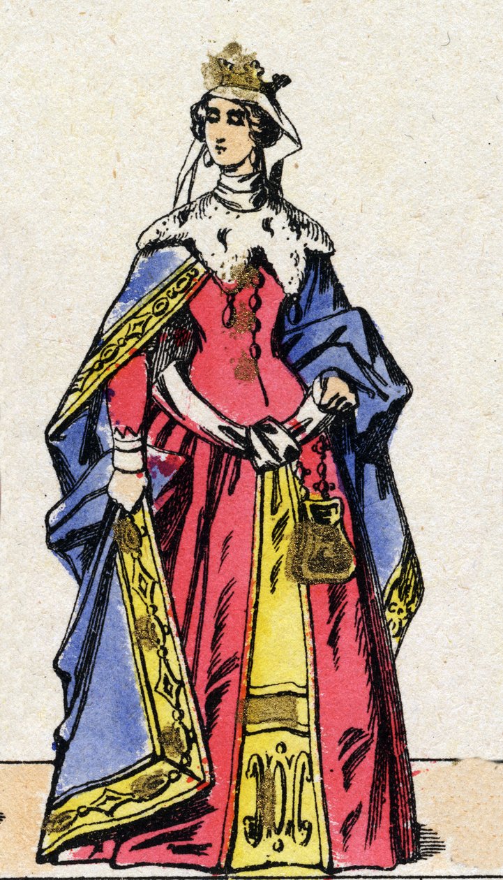 Capetians dynasti: Porträtt av Jeanne Iere av Navarra (1271-1305), drottning av Frankrike, fru till Filip IV av Frankrike, känd som Filip Bel (1268-1314). Epinal avbildning från slutet av 1800-talet. Privat samling. av French School
