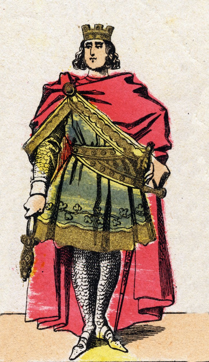 Kapeternas dynasti: Porträtt av Filip II kallad Philip Augustus (1165-1223), kung av Frankrike från 1180 till 1223. Epinal avbildning från slutet av 1800-talet. Privat samling. av French School