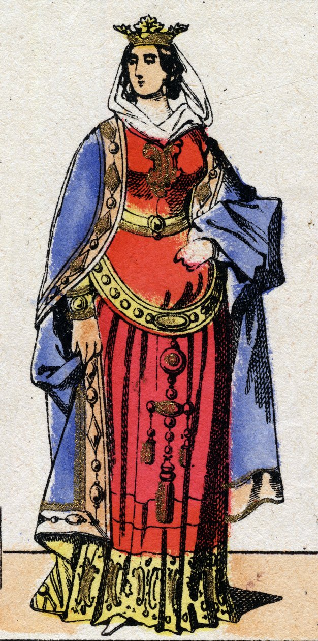 Karolingernas dynasti: Porträtt av Bertrade eller Berthe av Laon känd som Berthe au Grand Pied (720-783) Drottning av Francs fru till Pepin le Brief (715-768). Epinal avbildning från slutet av 1800-talet. Privat samling. av French School