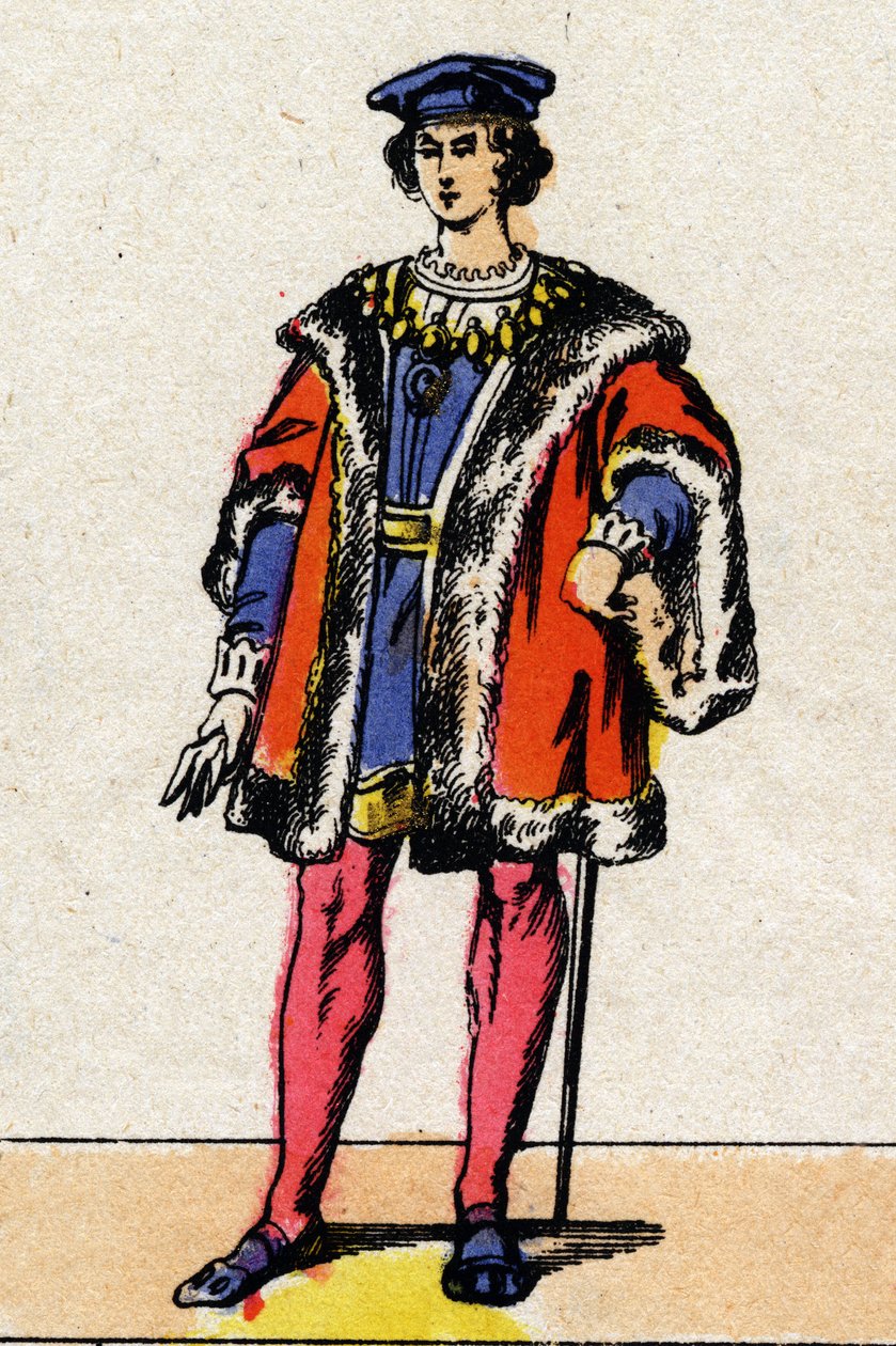 Valois-dynastin: Porträtt av Karl VIII (1470-1498), kung av Frankrike från 1483 till 1498. Epinal avbildning från slutet av 1800-talet. Privat samling. av French School