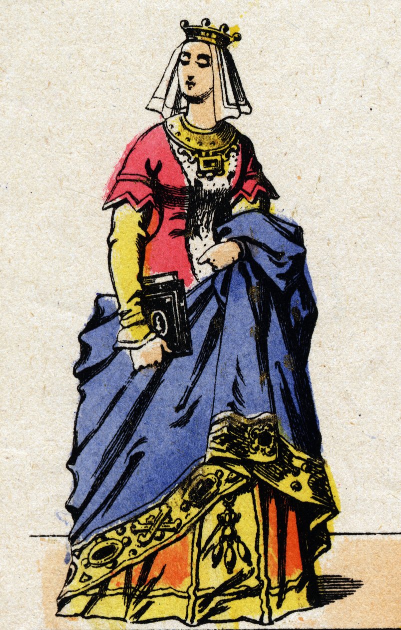 Valois-dynastin: Porträtt av Charlotte de Savoie (1441-1483) Frankrikes drottning, fru till Ludvig XI av Frankrike, känd som den försiktiga (1423-1483). Epinal avbildning från slutet av 1800-talet. Privat samling. av French School