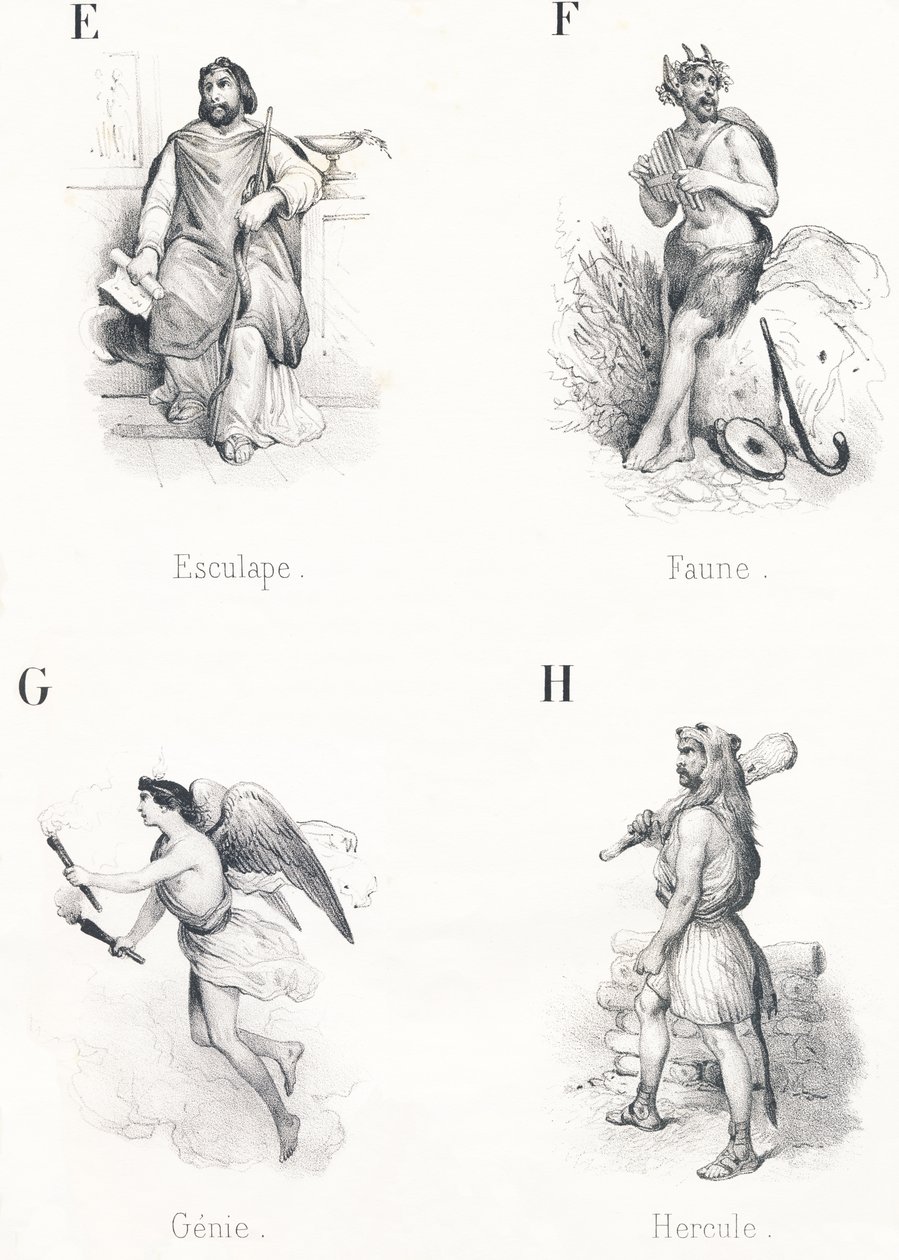 E F G H: Aesculapius, Fauna, Genie, Hercules av French School