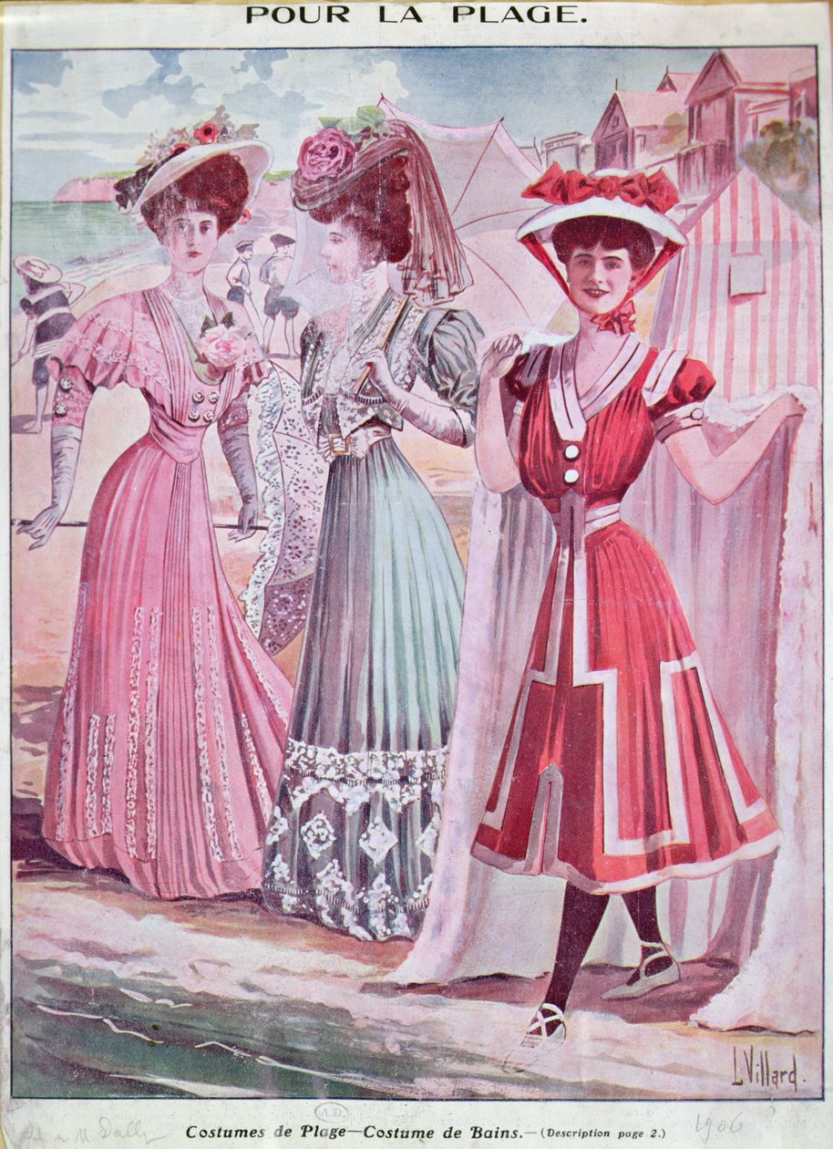 Strand- och baddräkter från början av 1900-talet, ca 1906 (färg litho) av French School